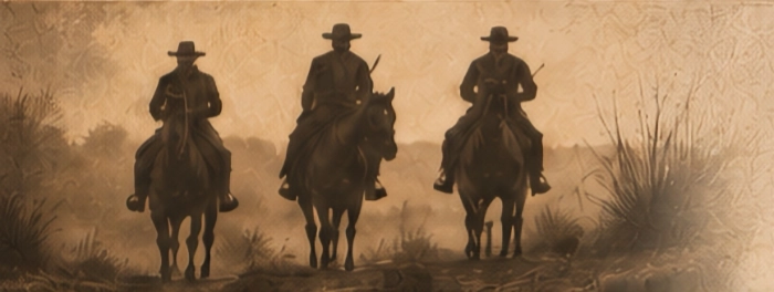 Three cowboys on horseback ride through a desert landscape, wearing hats and holding rifles.