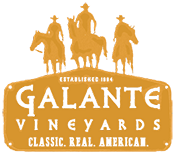 Logo for Galante Vineyards with three cowboys on horseback and the text Classic. Real. American.