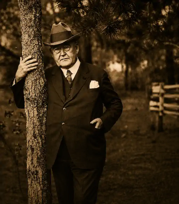 Older man in a suit and hat leans on a tree in a wooded area, sepia-toned photograph.