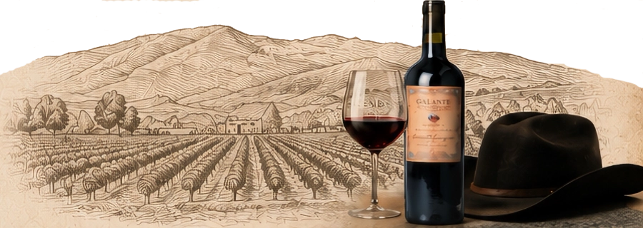 A wine bottle, glass, and cowboy hat sit in front of a vineyard and mountain sketch background.