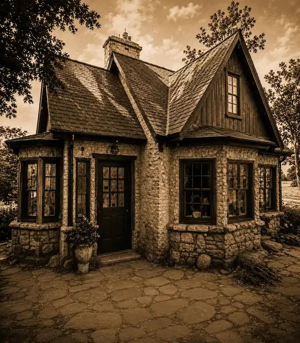 Sepia-toned image of a quaint stone cottage with a steep roof and multiple windows, surrounded by trees.