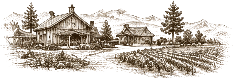 Vintage-style drawing of a farmhouse, barn, crops, trees, and mountains in the background.
