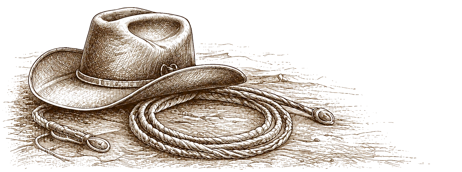 A cowboy hat and coiled rope lie on a textured surface in a detailed, vintage-style illustration.
