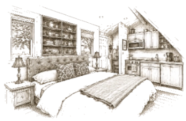 A cozy bedroom with a bed, nightstands, shelves, and a small kitchen area in a rustic, sketched style.