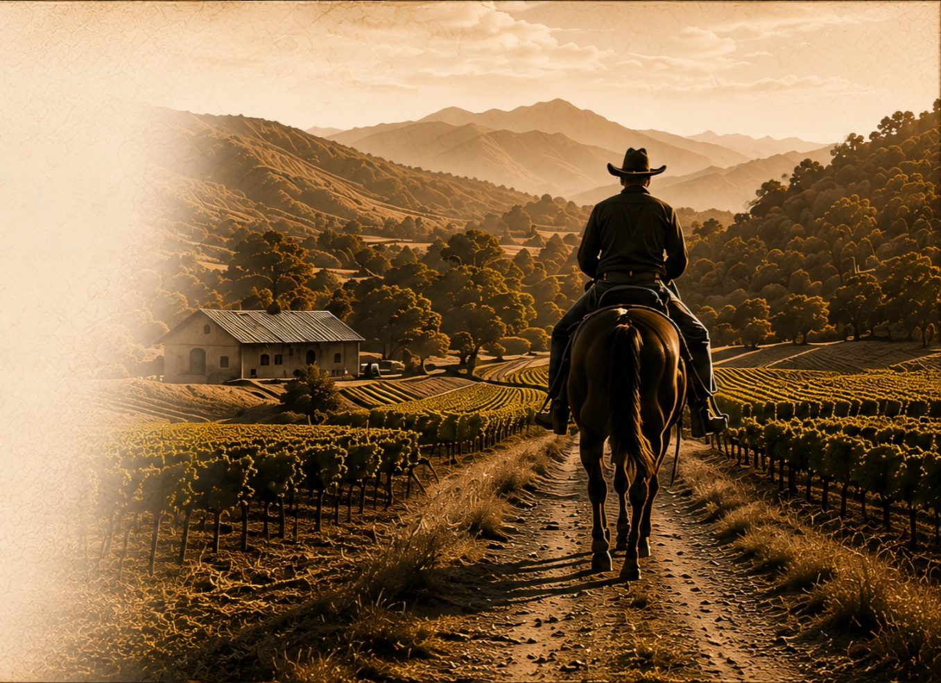 A cowboy on horseback rides down a dirt path through a vineyard, with hills and a farmhouse in the background.