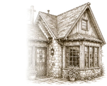 Line drawing of a cozy cottage with stone walls, a gabled roof, and large windows surrounded by plants.