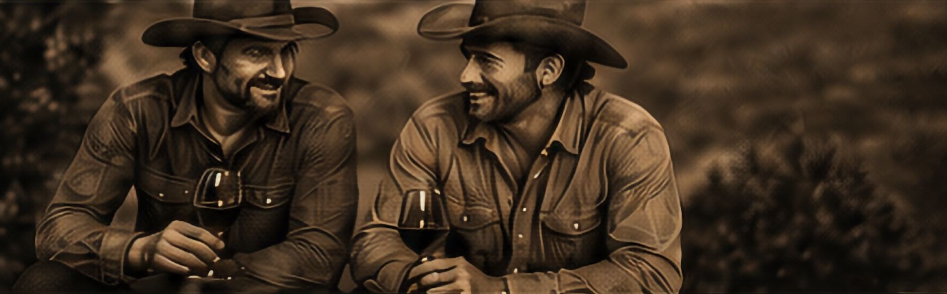 Two men in cowboy hats and shirts sit outdoors, smiling and holding wine glasses, sepia-toned image.