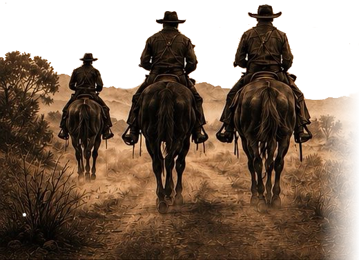 Three cowboys on horseback ride down a dusty trail in a sepia-toned, western landscape.