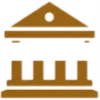 Simple brown icon of a classical building with columns and a triangular roof, resembling a bank or courthouse.