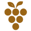 Simple brown grape cluster icon with six round grapes and two leaves at the top on a light background.