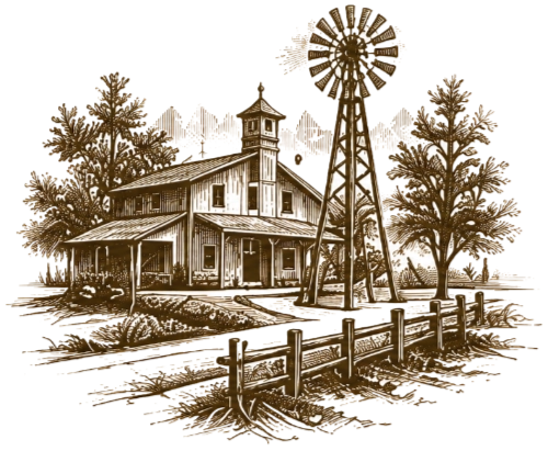 Vintage farmhouse with a windmill, trees, and a fenced yard sketched in brown on a white background.
