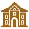 Brown icon of a large building with an arched doorway and multiple windows.