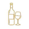 Yellow outline of a wine bottle next to a wine glass, both on a plain white background.