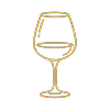 Yellow outline drawing of a wine glass half-filled with liquid, on a plain white background.