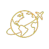 Yellow outline of a globe with an airplane circling around it, symbolizing global travel.
