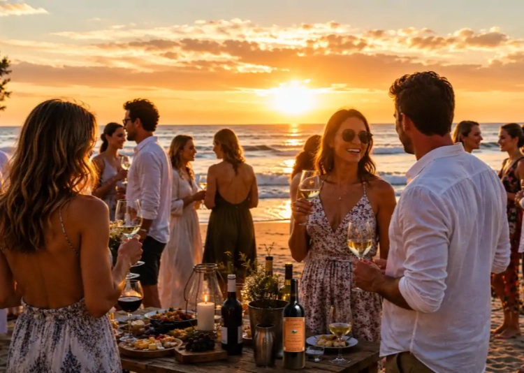 People enjoy food and drinks at a beach party during sunset, smiling and talking together.