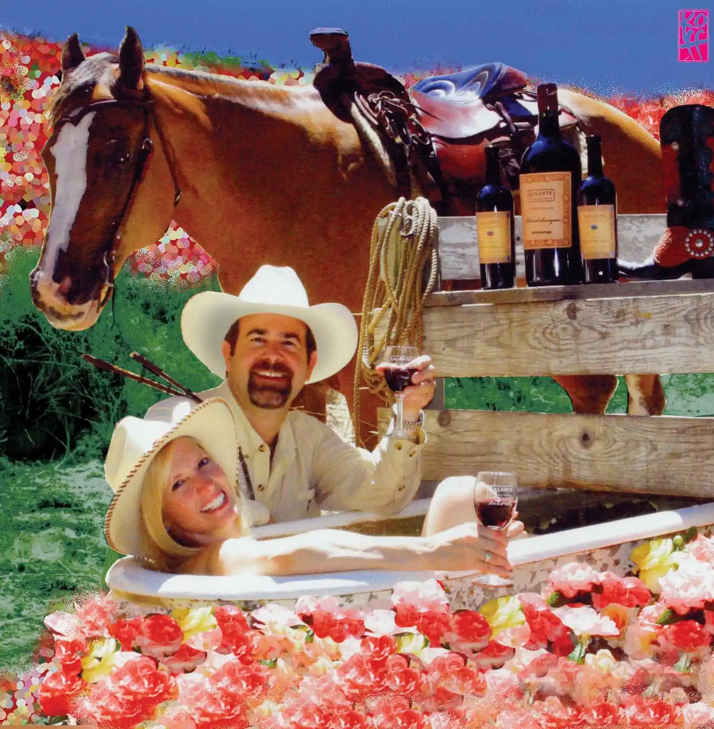 A smiling couple in cowboy hats relax in a tub among flowers, with wine and a horse nearby.