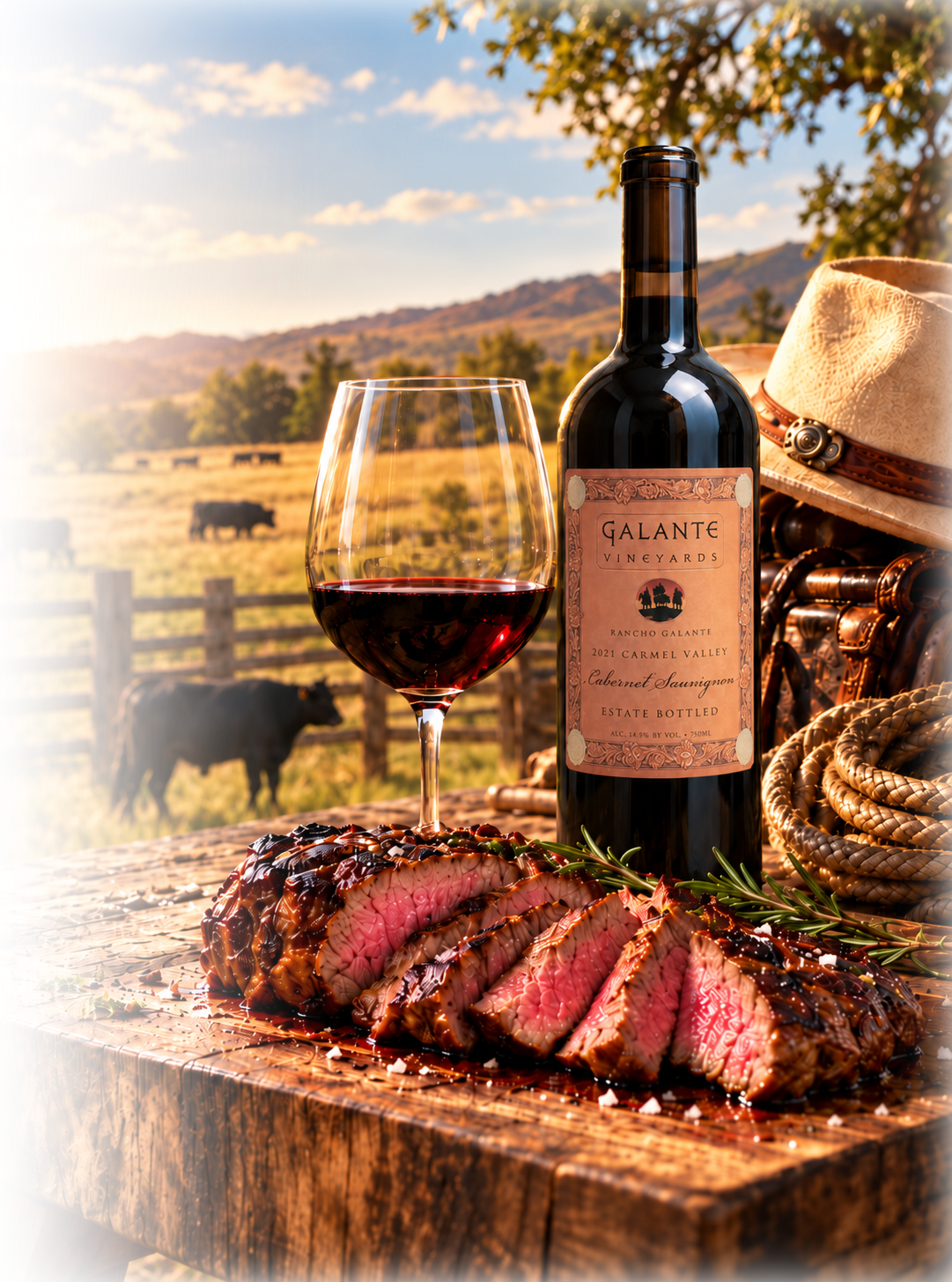 A bottle of Galante Vineyards Cabernet Sauvignon, a glass of red wine, and sliced steak on a wooden board.